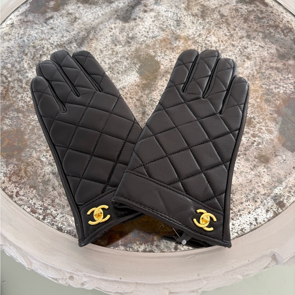 CC Black Quilted Gloves with Gold Accent